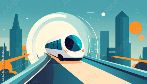 Illustrated futuristic train moving through a city, with minimalist style buildings