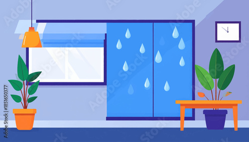 Indoor scene depicts a rainy day with plants, clock, lamp and furniture in blue, orange and green hues