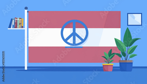 Indoor scene with a flag displaying a peace symbol, plants, bookshelf, and a light blue color scheme