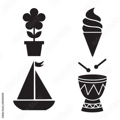 This image displays four minimalist black silhouette icons arranged in a 2x2 grid on a white background. The objects depicted are a potted flower in the top left, an ice cream cone in the top right, 