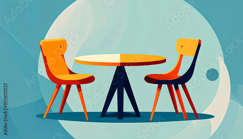 Illustration of a round table and two chairs, in bright orange hues, set against a simple blue background