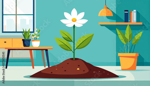 Indoor scene with flower growing from soil, plants, furniture, lamp, window, and a turquoise wall backdrop