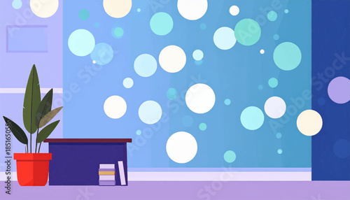 Indoor scene with a plant, table, books, and abstract window background