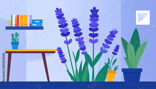 Illustrated indoor scene lavender and plants. Books on a shelf, table, picture frame, simple and clean interior