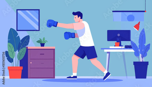 Illustrated man boxing in a minimalist room setting with furniture and plants in flat, modern design and pastel tones