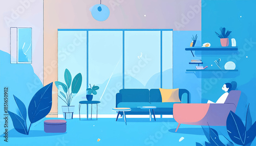Illustrated, minimalist interior scene furniture, plants, seated person, & large windows