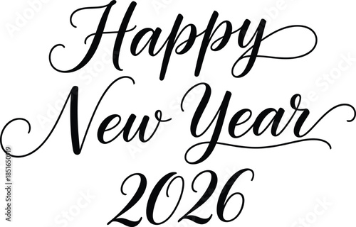 Ornate script Happy New Year 2026 with elaborate swirls on white background announcement black