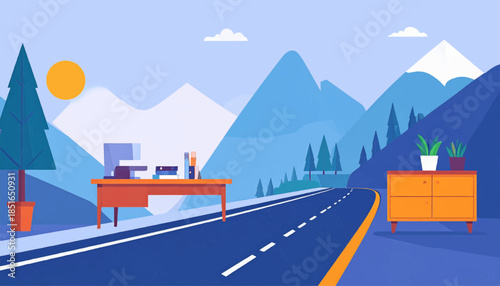 Illustrated mountain landscape with a road, desk, and dresser against a blue sky