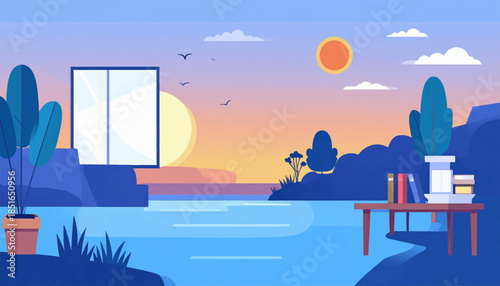 Serene, stylized landscape featuring a desk with books beside an open window overlooking a sunset over water