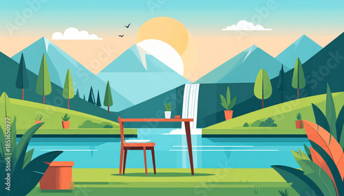 Serene, stylized landscape featuring a table and chair next to a lake with mountains and waterfall backdrop