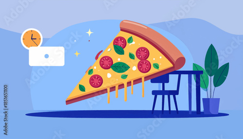Illustrated pizza slice on a table with laptop, clock, and plant, against a blue background