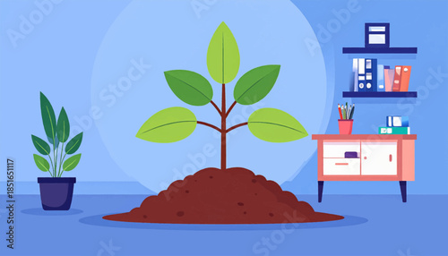 Illustrated plant growing from soil in a blue room with furniture and books