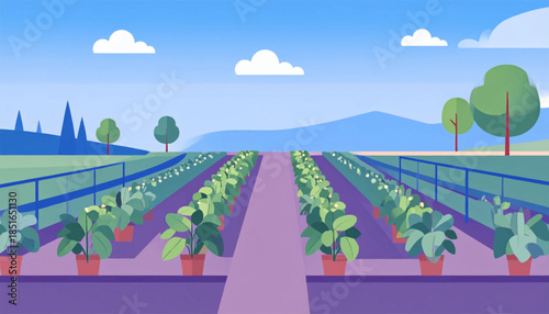 Illustrated plant nursery under blue sky with plants in pots leading towards mountains in the background