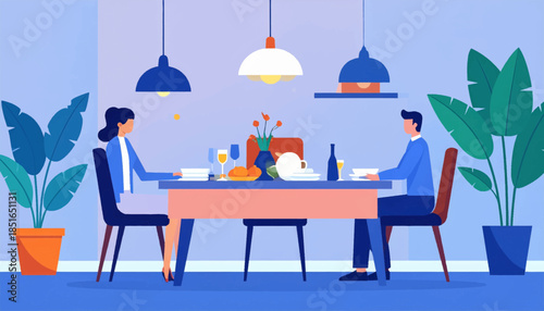 Illustration of a couple having dinner at a table in a room with plants and hanging lights