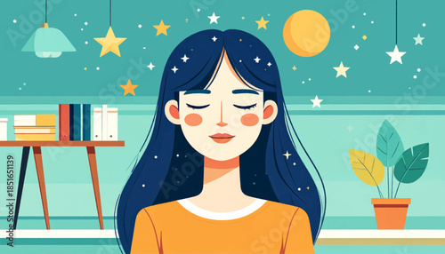 Illustrated portrait of a woman with closed eyes, surrounded by celestial motifs in a calming interior