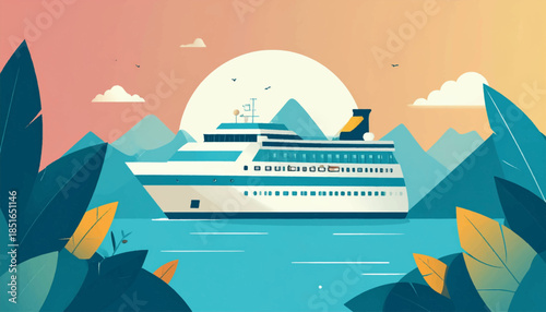 Illustration of a cruise ship on water, mountains and greenery in the background, a setting sun, and birds