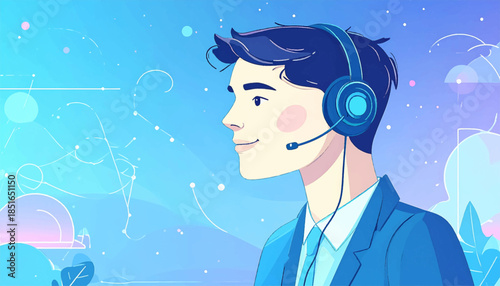 Illustrated profile of a support agent wearing a headset on a stylized blue background with geometric shapes