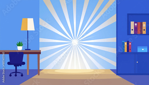 Office scene with desk, chair, bookcase and sunburst background in flat, cartoon style