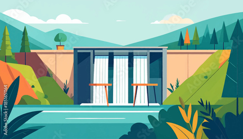 Illustration of a dam with flowing water, set against a mountain backdrop and lush vegetation