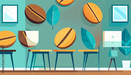 Illustrated room coffee beans, leaves, squares hang above small tables. Muted blue, yellow, and brown color scheme