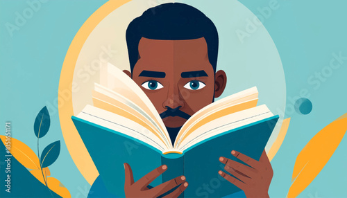 Illustration of a dark-skinned man with a mustache reading a blue book against a soft blue and yellow backdrop