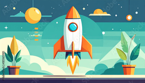 Illustrated rocket ship launching with plants, night scene, and stylized clouds in pastel colors