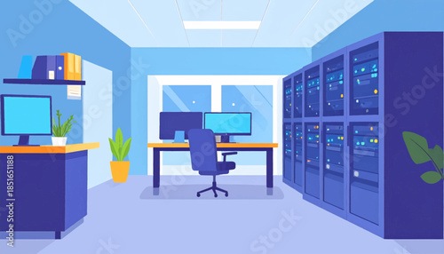 Server room office setup with desk, monitors, chair, and storage cabinets in shades of blue