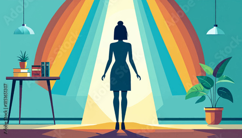 Silhouette of a woman in a room with a rainbow arch and plant life, lit by a central beam