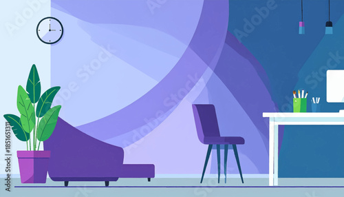 Illustrated room with purple seating, desk, plant, and flowing wall design in shades of blue and purple