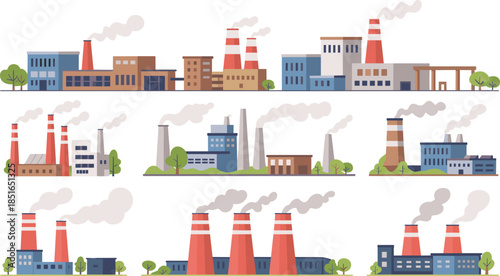 Industrial factory landscape illustration set featuring smokestacks, manufacturing plants, power stations, urban industry buildings, pollution concept, flat vector design
