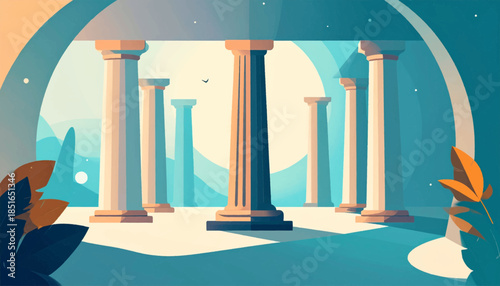 Illustrated scene featuring classic columns in blue and beige tones, with stylized foliage on either side