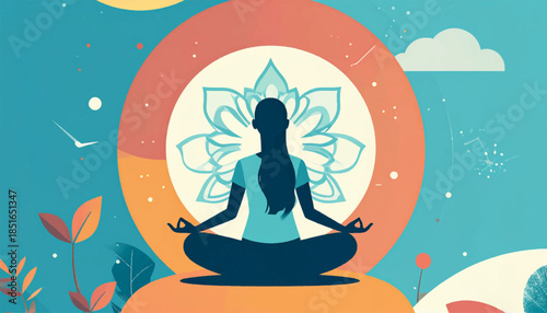Silhouette of a woman in lotus pose, amidst vibrant abstract floral and nature inspired elements