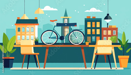 Illustrated scene featuring a bicycle on a table, city buildings, potted plants, chairs, and a light blue background