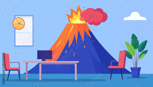 Office space disrupted by a volcano view, desk, chair, clock, computer, and indoor plant. Sky and cloud background