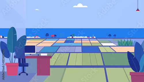 Office view of field with sea, desk, plants, and blue light. Simplistic, colorful, and serene setting