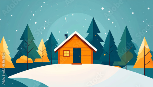 Simple illustration of a cozy cabin nestled among trees during a snowy winter night with a crescent moon