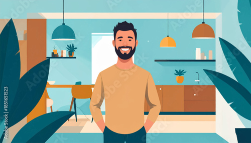 Illustration of a man in a stylized interior space with furniture and plants in flat, modern design