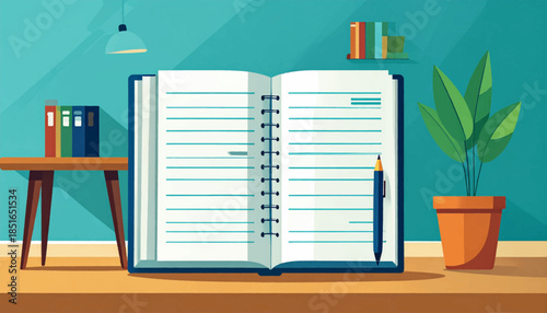 Open notebook on a desk, with a plant, books, and a lamp in a minimalist, cartoonish style