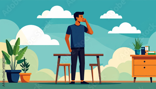 Illustration of a man in navy shirt at desk, plant, and cabinet with blue sky and cloud background