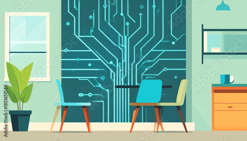 Simple room with desk and two chairs in front of circuit board art; plant, window, and shelves