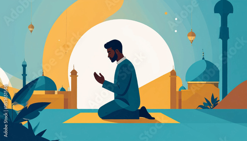 Illustration of a man kneeling in prayer with mosque domes and hanging lanterns in the background