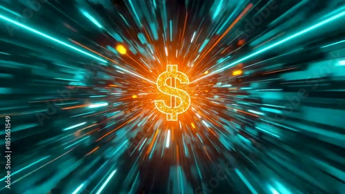 Bright dollar symbol emitting orange light rays with teal streaks against dark abstract background