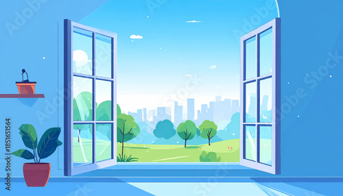 Open window view of a city park landscape in pastel tones with indoor plants on a sunny day
