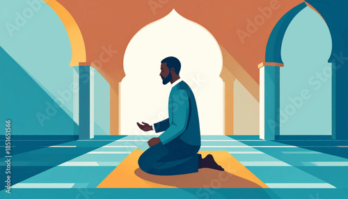 Illustration of a man kneeling in prayer inside a building with arches and geometric tile work on the floor
