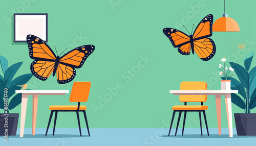 Simplified interior scene with tables, chairs, plants and two orange monarch butterflies on green background