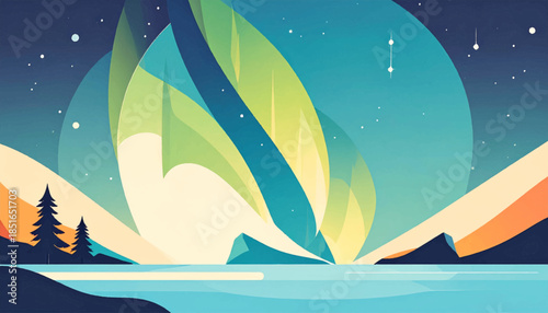 Simplified landscape art featuring auroras, trees, water, and starry night sky in pastel colors