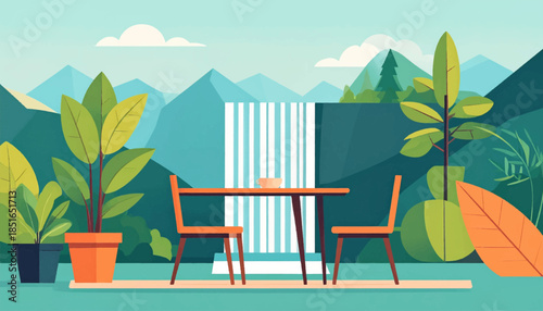 Outdoor dining area with mountain view and waterfall, potted plants, two chairs, and an orange-toned table