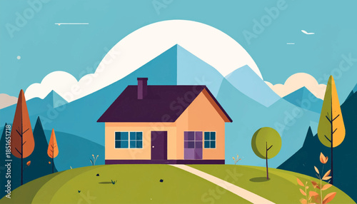 Simplified landscape illustration of a house nestled in rolling hills with mountains and sky in the background
