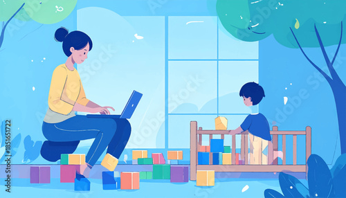 Illustration of a parent working on a laptop while their child plays with blocks by a window