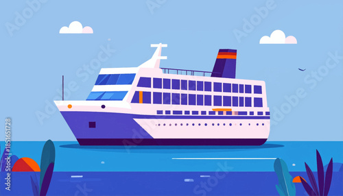 Illustration of a passenger cruise ship sailing on water with foliage and two white clouds in the sky